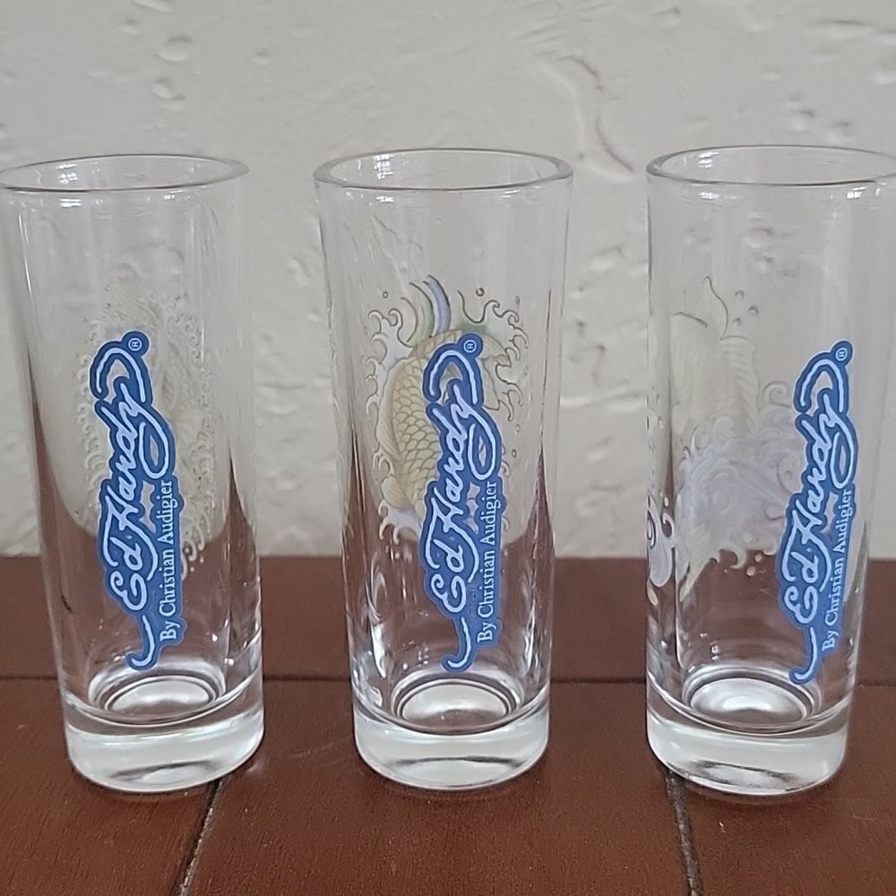 Ed Hardy MERMAIDS & KOI FISH Tall Shooter Glasses, Christian Audigier, Set of 3 - Picture 5 of 5